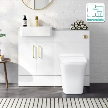 Harper Gloss White Combination Vanity Basin with Marble Top & Houston Toilet 1000mm - Brushed Brass Accents