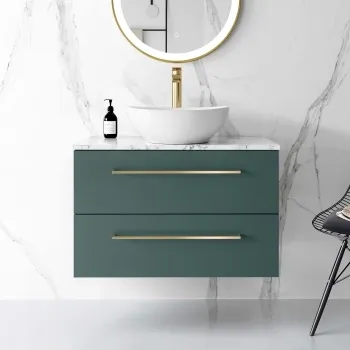 Elba Midnight Green Wall Hung Drawer Vanity with Marble Top & Oval Counter Top Basin 800mm - Brushed Brass Accents