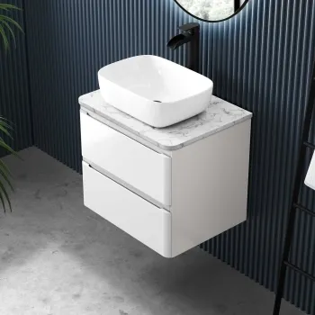 Corsica Gloss White Wall Hung Drawer Vanity with Marble Top & Curved Counter Top Basin 600mm