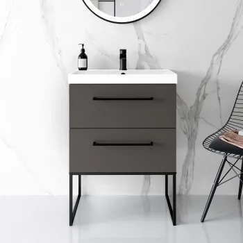 Elba Graphite Grey Wall Hung Basin Drawer Vanity 600mm with Matt Black Stand