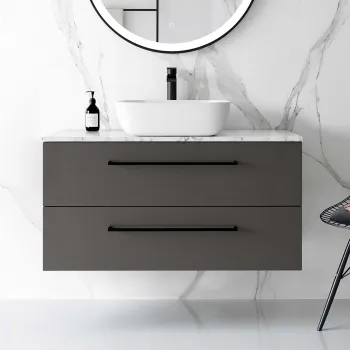 Elba Graphite Grey Wall Hung Drawer Vanity with Marble Top & Curved Counter Top Basin 1000mm - Black Accents