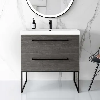 Elba Charcoal Elm Wall Hung Basin Drawer Vanity 800mm with Matt Black Stand