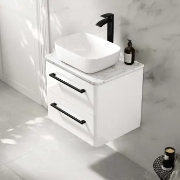 Omaha Gloss White Wall Hung Drawer Vanity with Marble Top & Curved Counter Top Basin 600mm - Black Accents