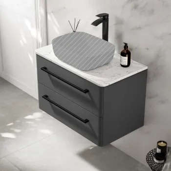 Omaha Slate Grey Wall Hung Drawer Vanity with Marble Top 800mm (Excludes Counter Top Basin) - Black Accents