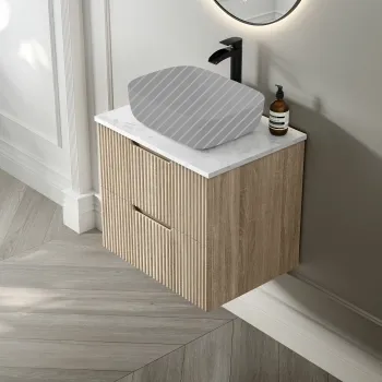 Crete Fluted Apex Oak Wall Hung Drawer Vanity with Marble Top 600mm - Excludes Counter Top Basin