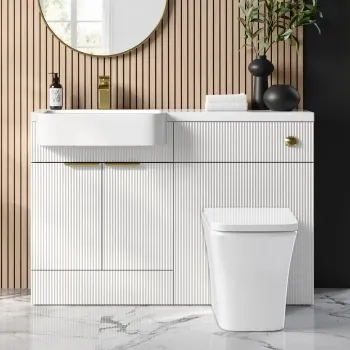 Sicily Fluted Coastal White Combination Vanity Basin and Houston Toilet 1200mm - Brushed Brass Accents - Left Handed