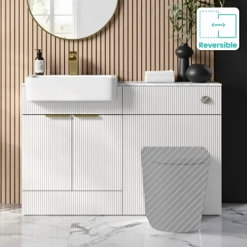 Sicily Fluted Coastal White Basin Vanity with Marble Top & Back To Wall Unit 1200mm (Excludes Toilet) - Brushed Brass Accents