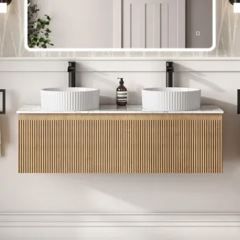 Malta Fluted Country Oak Double Wall Hung Drawer Vanity with Marble Top & Nevis Basin 1200mm