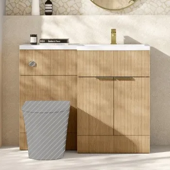 Havana Fluted Country Oak Basin Vanity and Back To Wall Toilet Unit 1100mm (Excludes Toilet) - Brushed Brass Accents - Right Handed