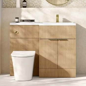 Havana Fluted Country Oak Combination Vanity Basin and Tucson Toilet 1100mm - Brushed Brass Accents - Right Handed