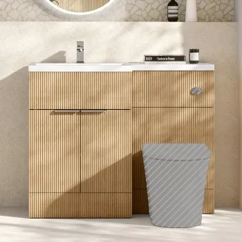 Havana Fluted Country Oak Basin Vanity and Back To Wall Toilet Unit 1100mm (Excludes Toilet) - Chrome Handles - Left Handed