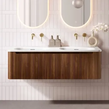 Sorrento Fluted Black Walnut Wall Hung Drawer Vanity with Matt White Double Basin 1200mm