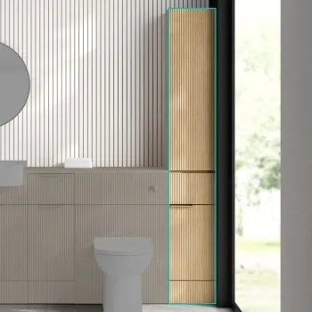 Sicily Fluted Country Oak Floor Standing Tall Cabinet Unit 1900x300mm - Brushed Brass Accents