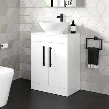 Avon Gloss White Vanity with Oval Counter Top Basin 600mm - Black Accents