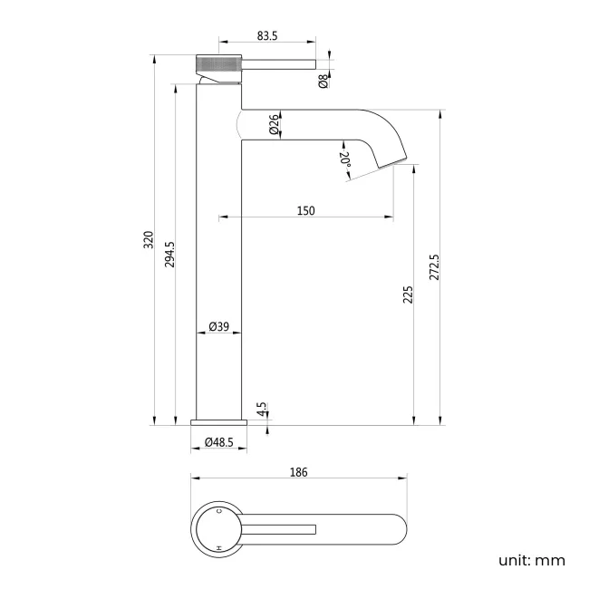 Medway Brushed Brass High Rise Basin Mixer Tap with Knurled Detailing