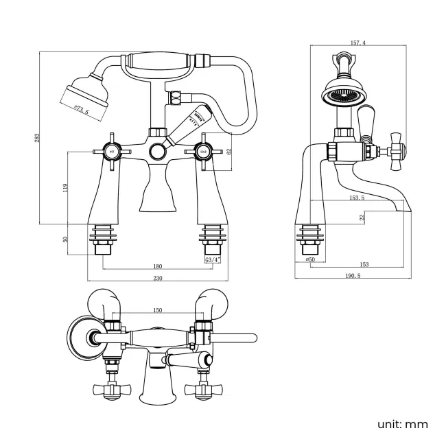 Nene Traditional Brushed Brass Bath Shower Mixer Tap