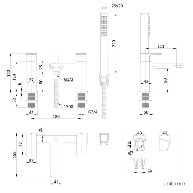 Ribble Brushed Brass Bath Filler & Handheld Shower