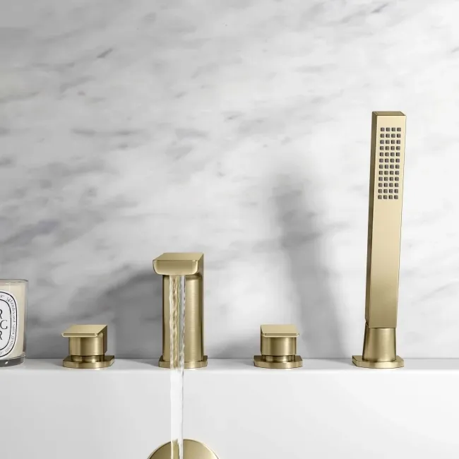 Ribble Brushed Brass Deck Mounted 4TH Bath Shower Mixer Tap & Handheld Shower