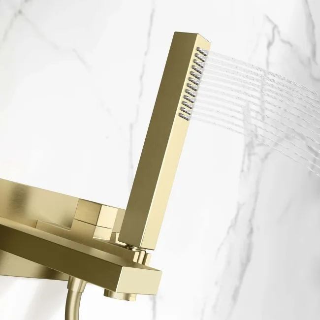 Tamar Brushed Brass Wall Mounted Bath Mixer Tap & Handheld Shower