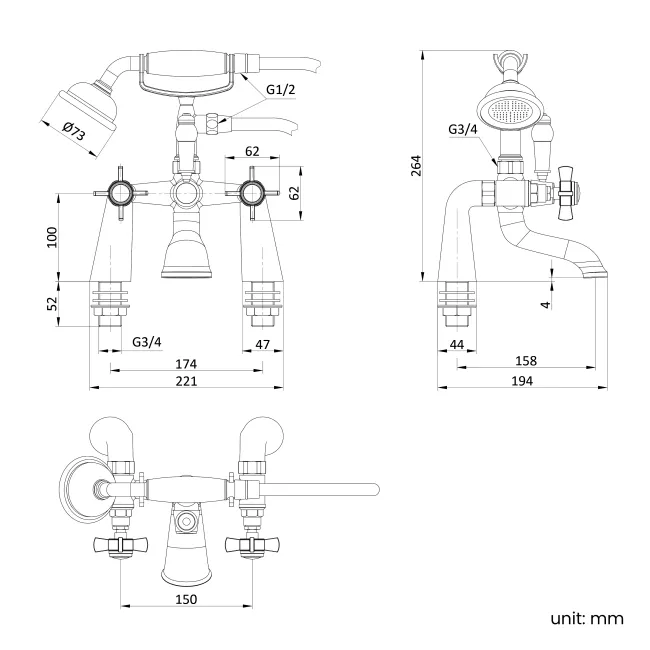 Nairn Traditional Brushed Brass Bath Shower Mixer Tap