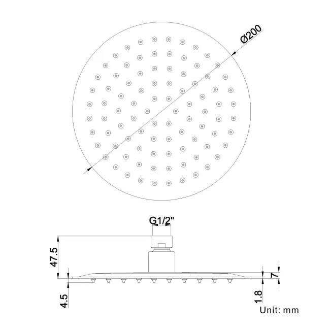 200mm Chrome Round Stainless Steel Slim Shower Head