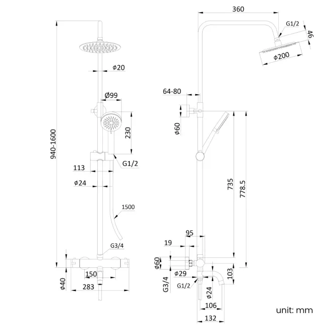 Doon Round Matt Black Thermostatic Bath Filler Shower Set