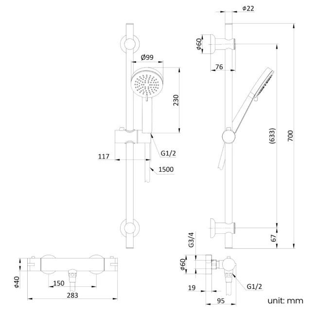 Aran Matt Black Round Thermostatic Bar Shower Set