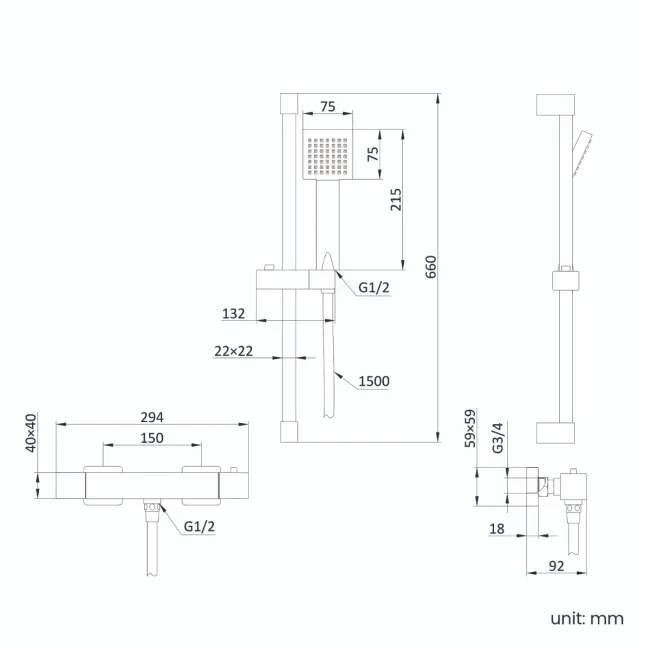 Cork Matt Black Square Thermostatic Bar Shower Set