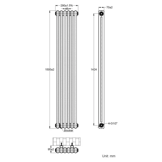 Athens Anthracite Double Column Vertical Traditional Radiator 1500x290mm