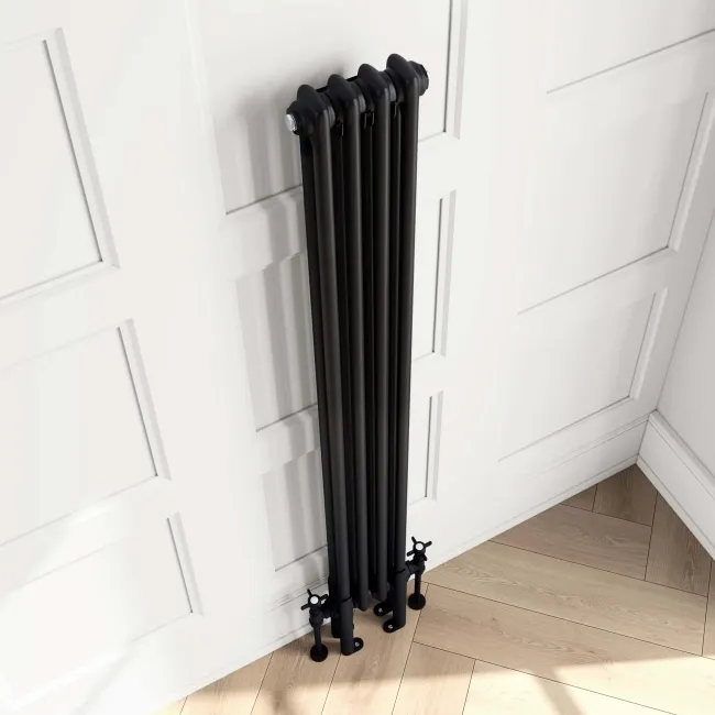 Athens Matt Black Double Column Vertical Traditional Radiator 1500x200mm