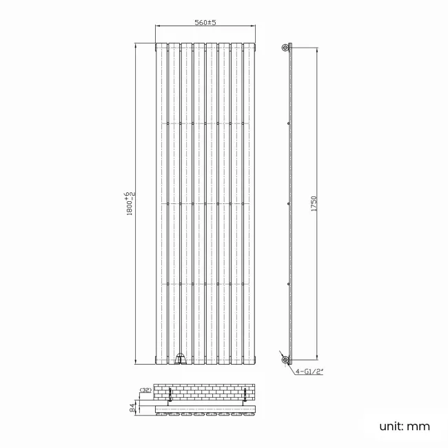 Faro Anthracite Single Flat Panel Vertical Radiator 1800x560mm