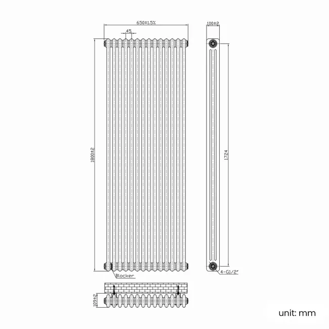 Athens Raw Metal Triple Column Vertical Traditional Radiator 1800x650mm