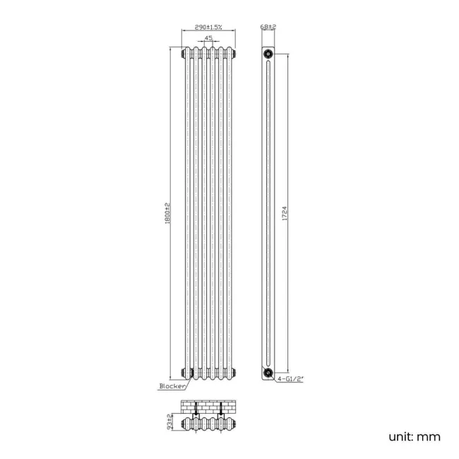 Athens Antique Gold Double Column Vertical Traditional Radiator 1800x290mm