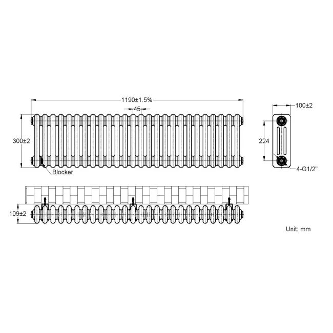 Athens Matt Black Triple Column Horizontal Traditional Radiator 300x1190mm