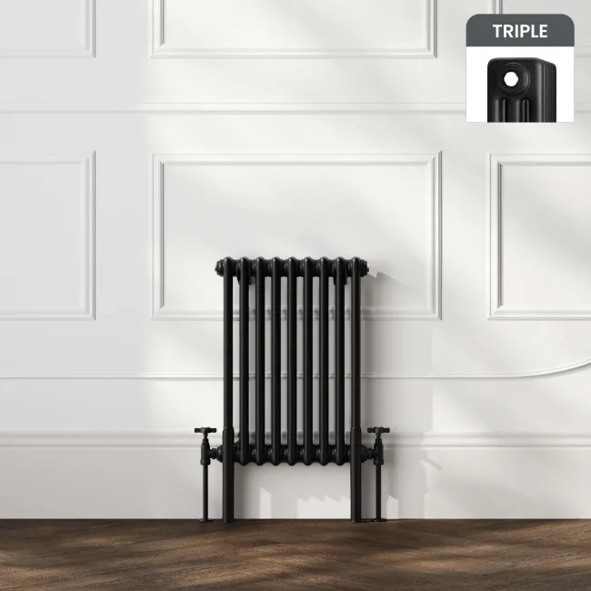 Athens Matt Black Triple Column Horizontal Traditional Radiator 600x425mm