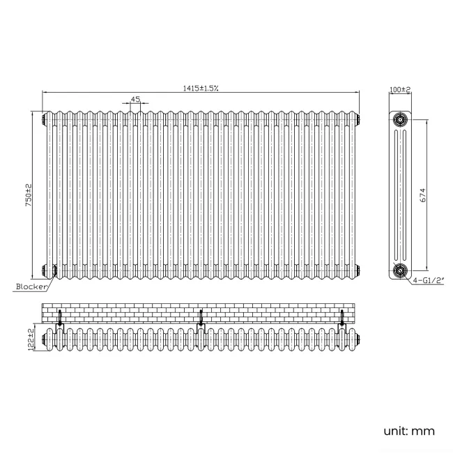 Athens Matt Black Triple Column Horizontal Traditional Radiator 750x1415mm