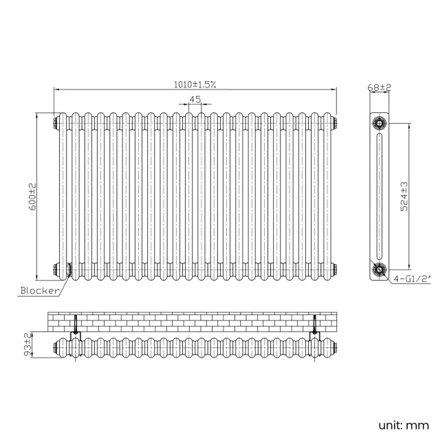Athens Inky Blue Double Column Horizontal Traditional Radiator 600x1010mm