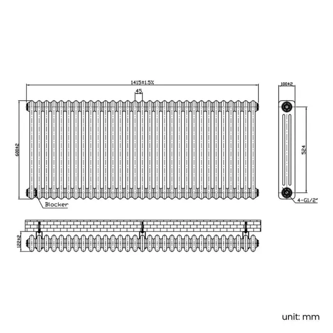 Athens Antique Gold Triple Column Horizontal Traditional Radiator 600x1415mm
