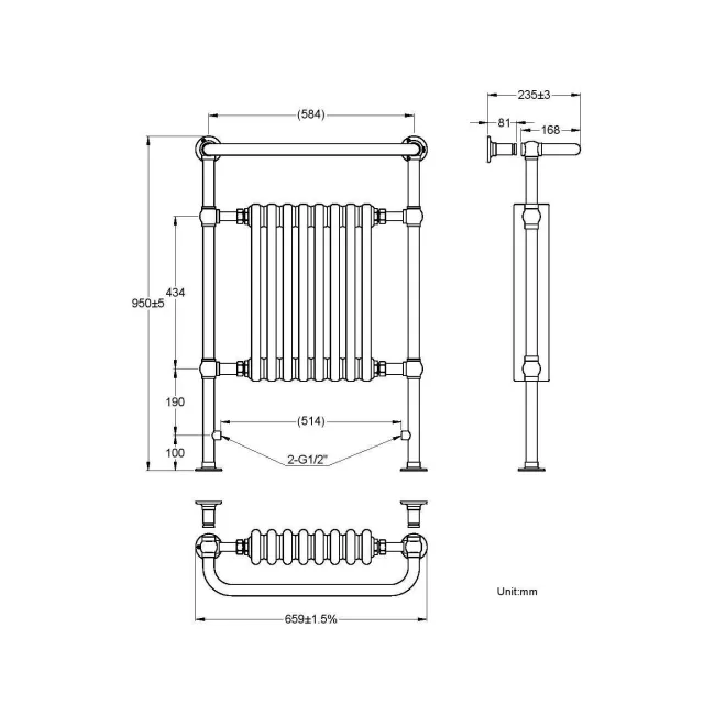 Gibraltar Large White Traditional Heated Towel Radiator (With Overhanging Rail) 