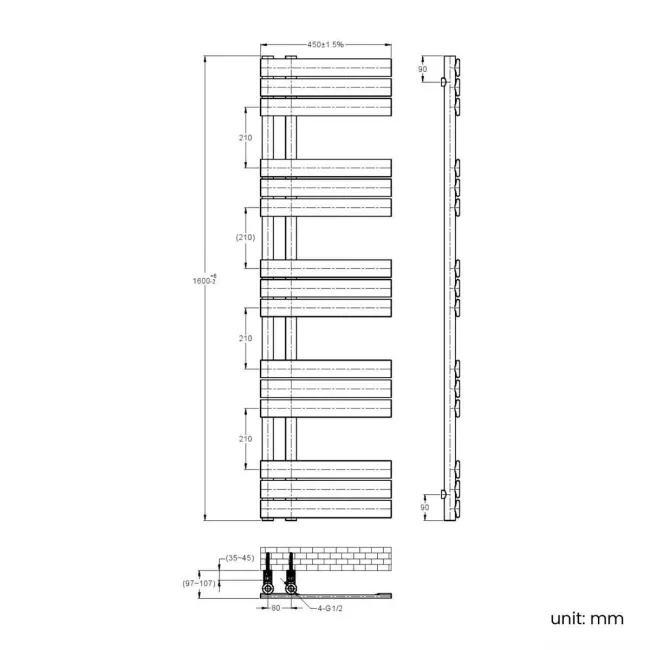 Seville Anthracite Designer Flat Panel Heated Towel Rail 1600x450mm