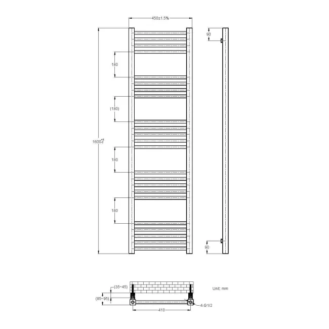 Valetta Matt Black Square Heated Towel Rail 1600x450mm