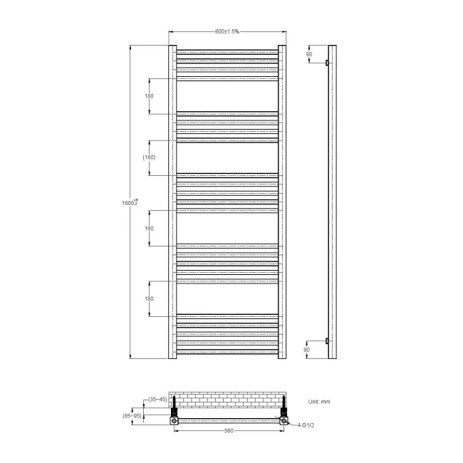 Valetta Matt Black Square Heated Towel Rail 1600x600mm