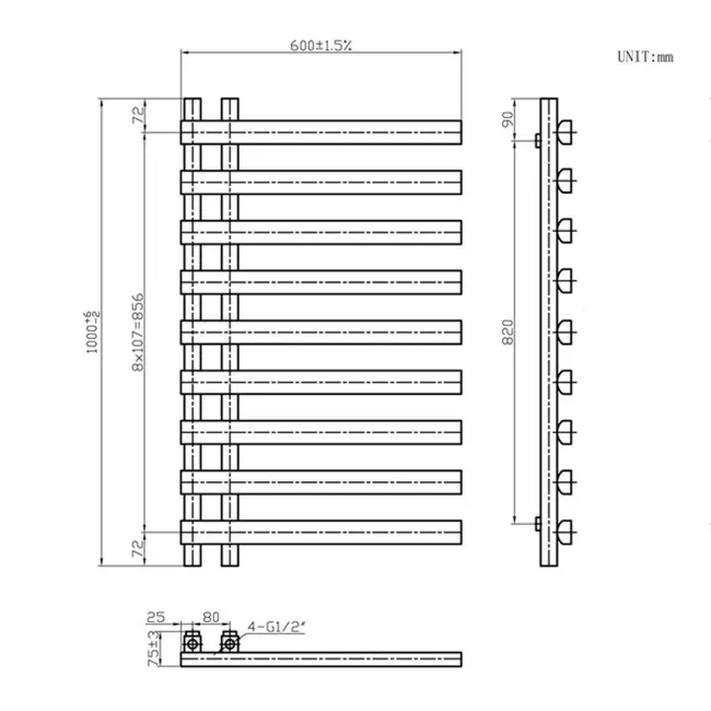 Palermo Matt Black Designer Heated Towel Rail 1000x600mm