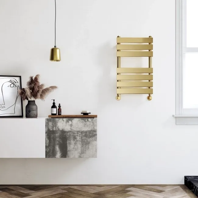 Santorini Brushed Brass Flat Panel Heated Towel Rail 650x400mm