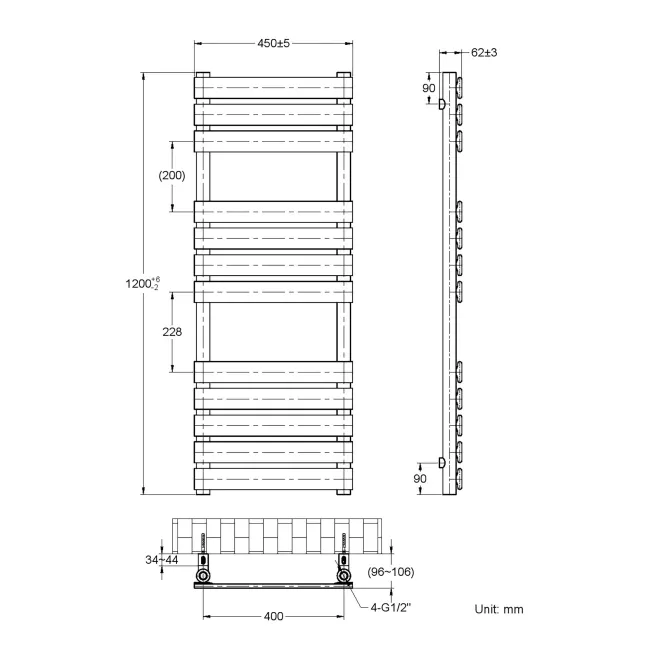 Santorini Brushed Brass Flat Panel Heated Towel Rail 1200x450mm