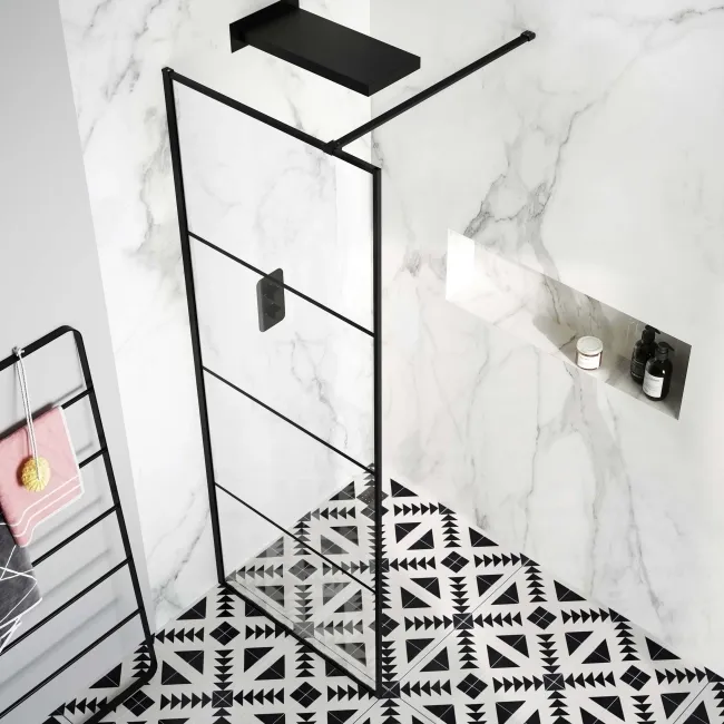 Munich Matt Black Grid Easy Clean 8mm Wet Room Shower Glass Panel 900mm