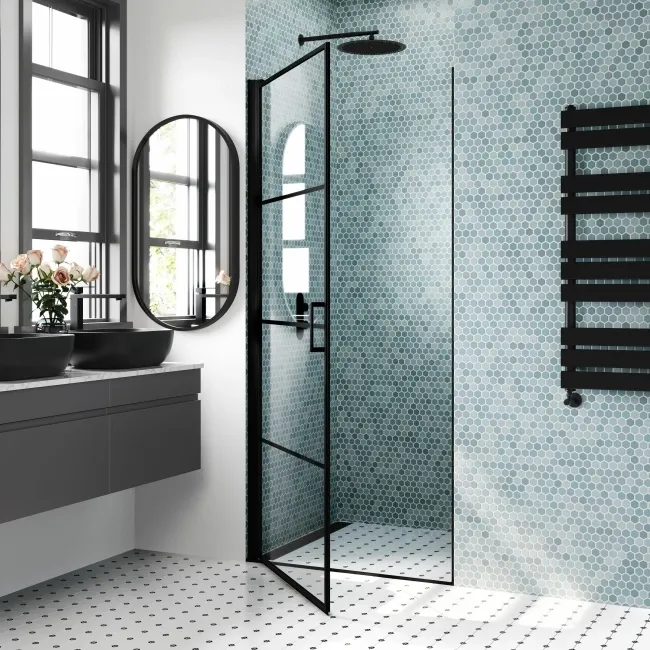 Toulon Matt Black Grid Easy Clean 6mm Pivot Shower Door 900mm