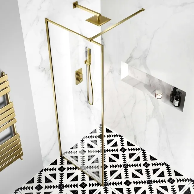 Munich Brushed Brass Framed Easy Clean 8mm Wet Room Shower Glass Panel 700mm