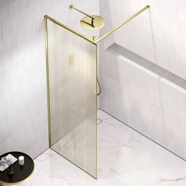 Lyon Brushed Brass 8mm Laminated Wet Room Shower Glass Panel with Gold Mesh Inlay 800mm