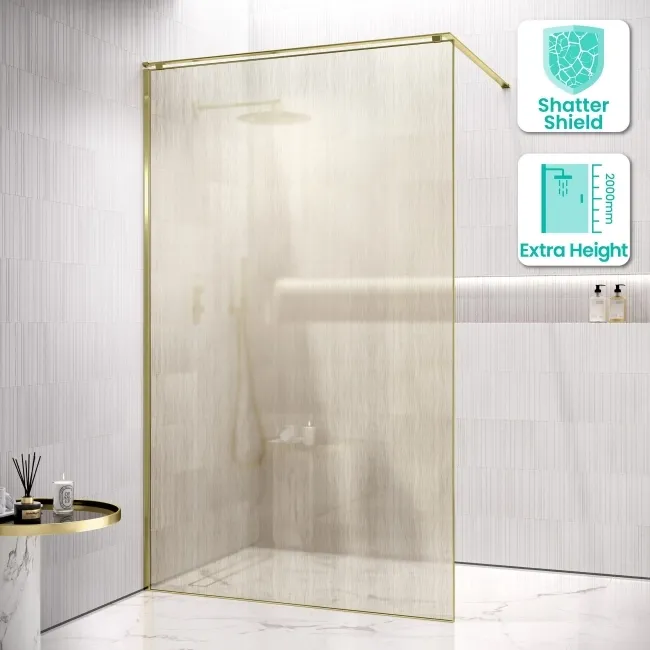 Lyon Brushed Brass 8mm Laminated Wet Room Shower Glass Panel with Gold Mesh Inlay 1100mm